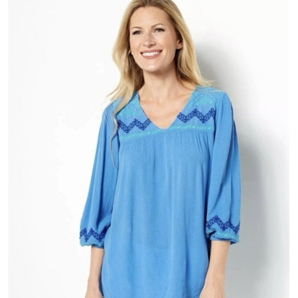 Susan Graver Crinkle Gauze Peasant Tunic Top Blue Embroidered V Neck Petite XL